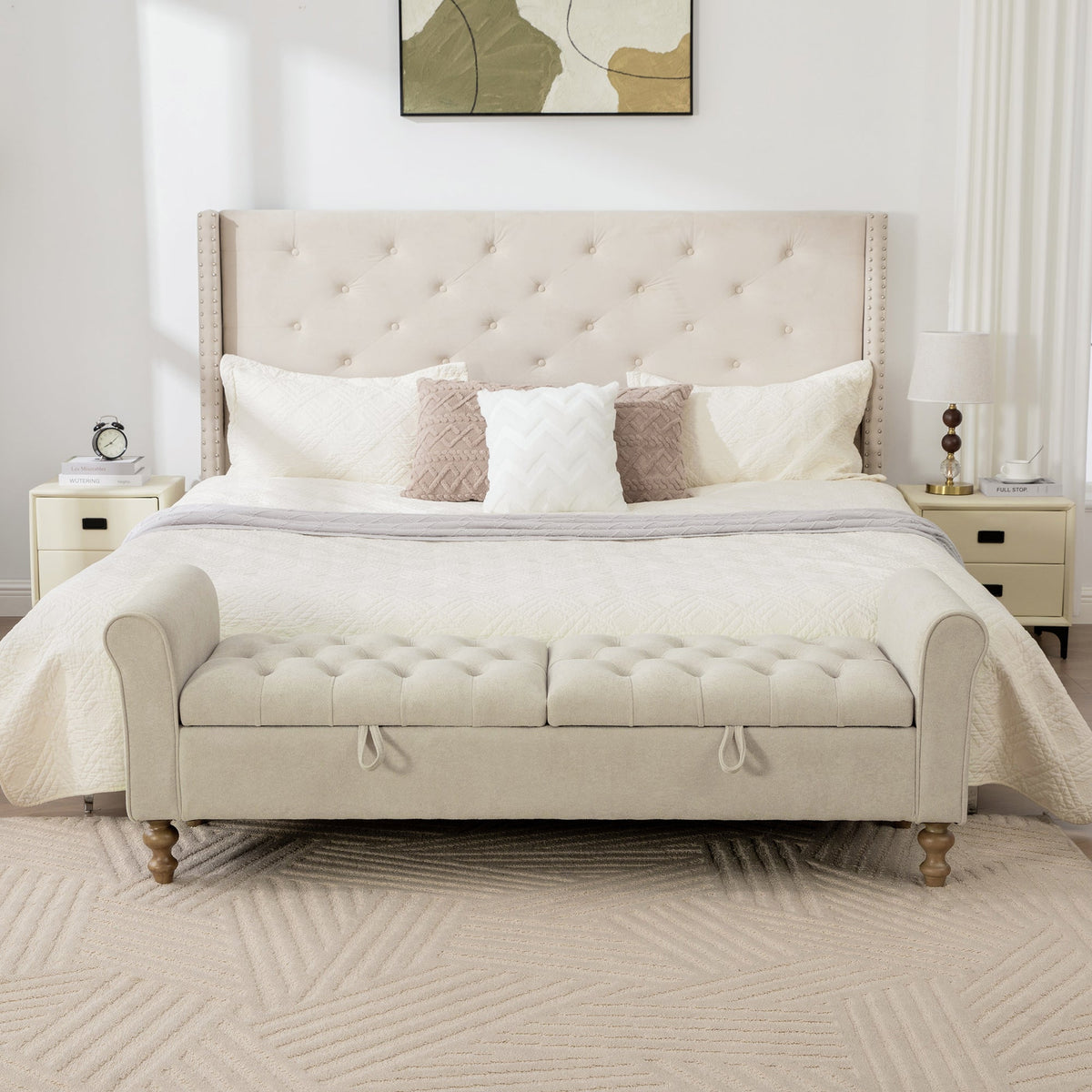 65.75" Wide Modern Upholstered Storage Bench With Double Lids
