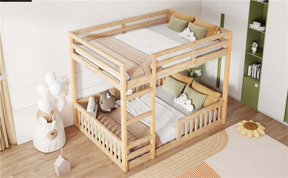 Full Over Full Wood Bunk Bed with Ladder and Guardrails