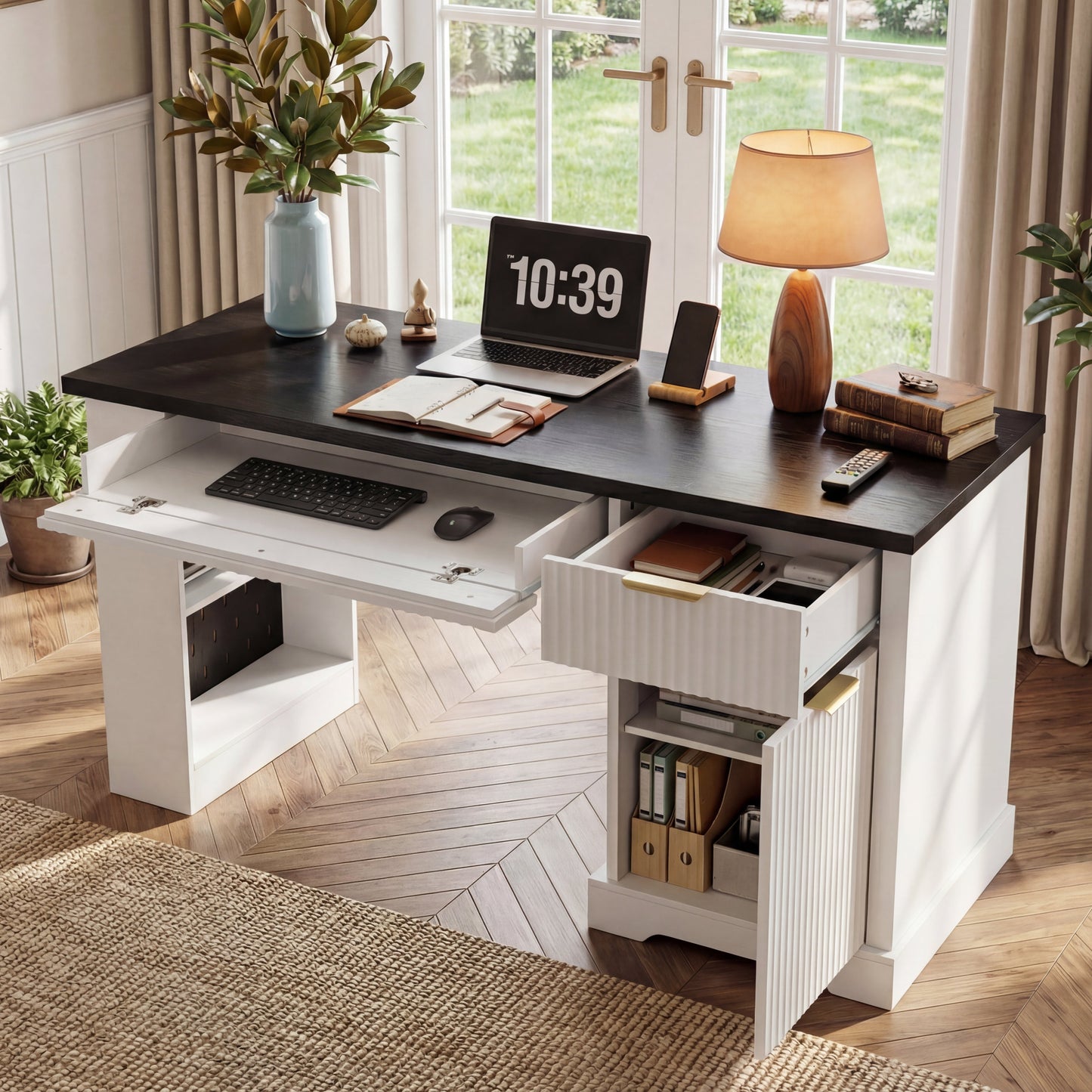 55" Modern Fluted Office Desk with Storage Cabinet & Drawers