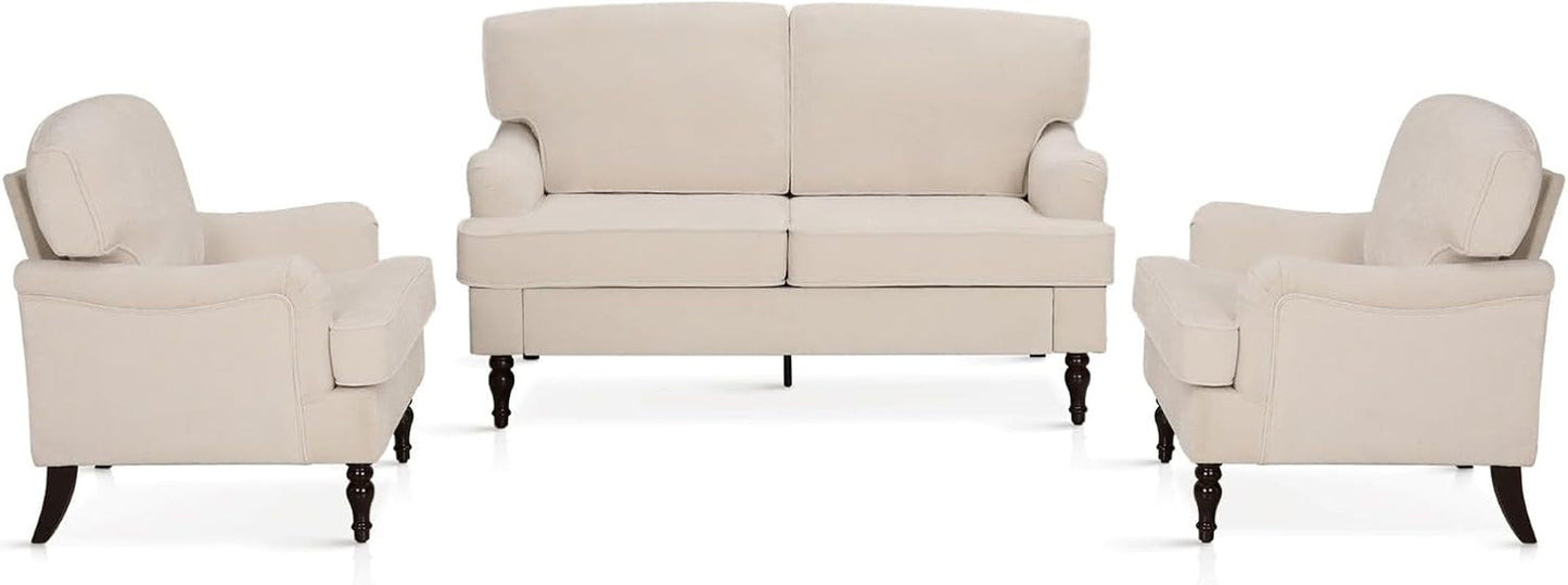 Three Piece Living Room Furniture Set With Linen Fabric Loveseat And Two Accent Chairs Off White