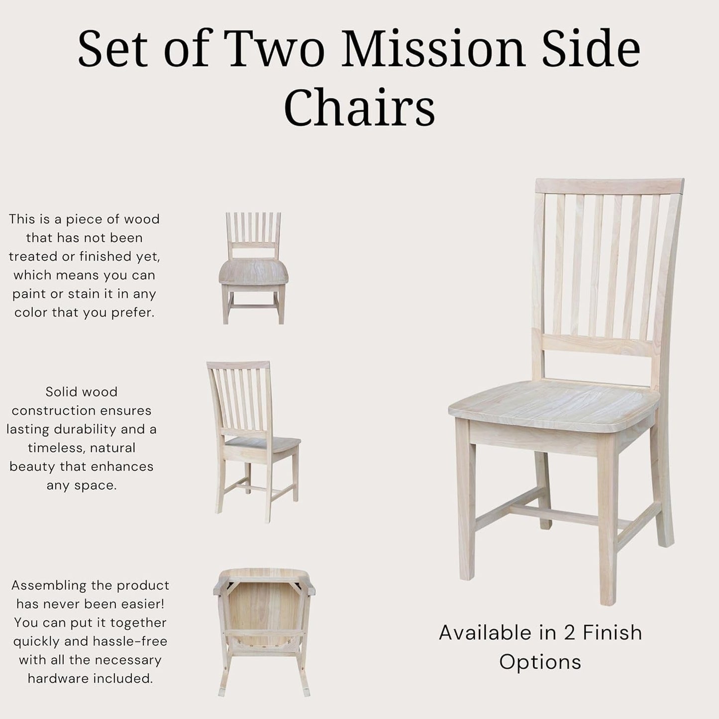Mission Side Dining Chairs Set Of 2 Solid Parawood Unfinished 39.2 Inch Height