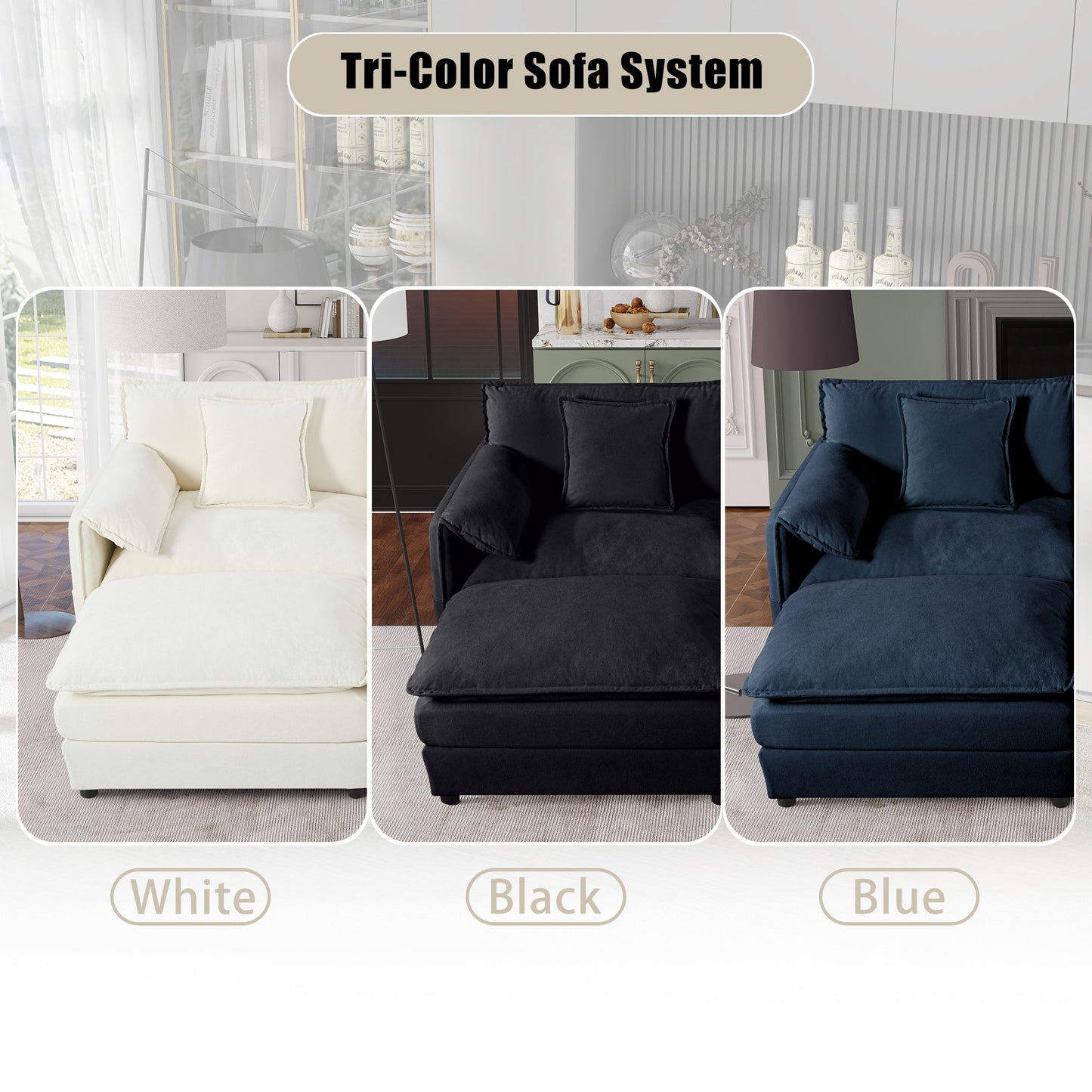 Modular Sectional Sofa, Oversized Deep Seat U Shaped Couch Set for Living Room, 4-Seater Comfy Cloud Couches with Two Movable Ottomans, DIY Combination, Chenille,Black