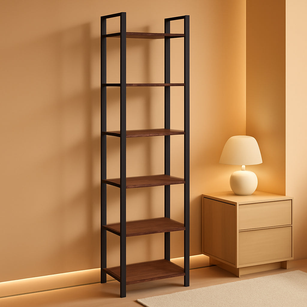 Six Tier Standing Bookcase In Rustic Brown And Black For Small Spaces