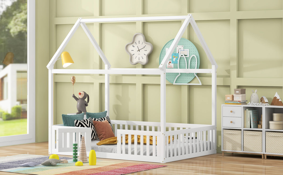 Full Size Wood House Bed with Fence and Door