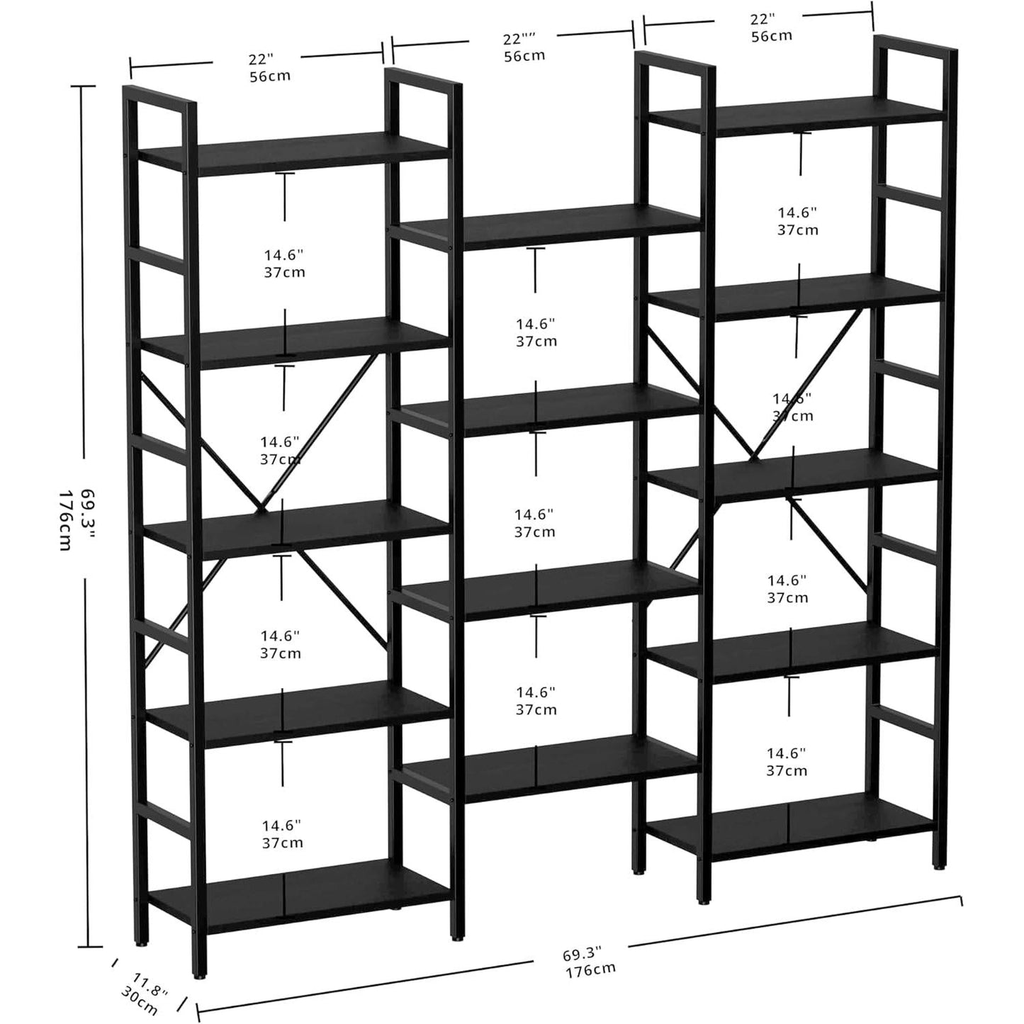 Triple Wide Industrial Bookshelf With Metal Frame 14 Open Shelves