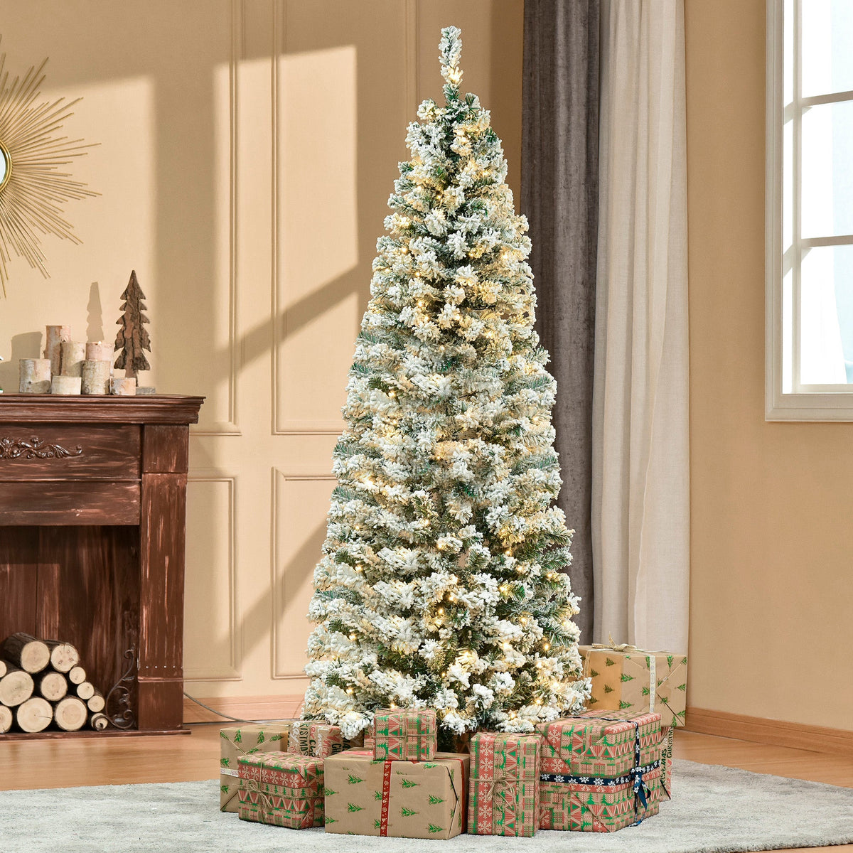 HOMCOM 6ft Pre-Lit Snow-Flocked Slim Douglas Fir Artificial Christmas Tree