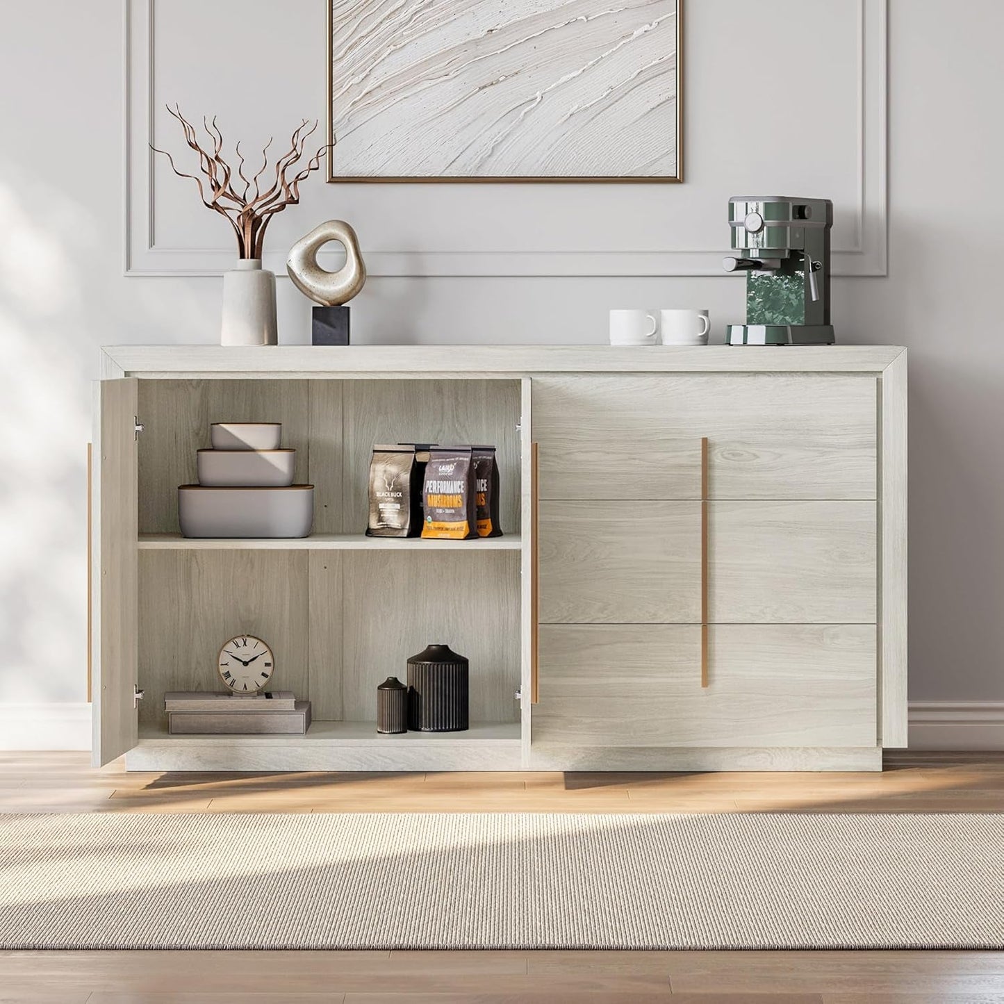64 Inch Modern Industrial Sideboard Cabinet White Sand