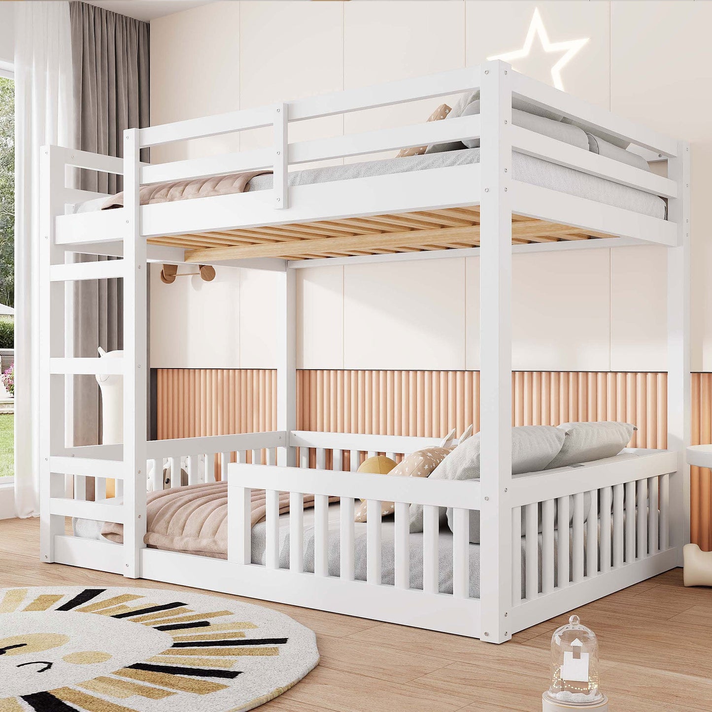 Full Over Full Wood Bunk Bed with Ladder and Guardrails