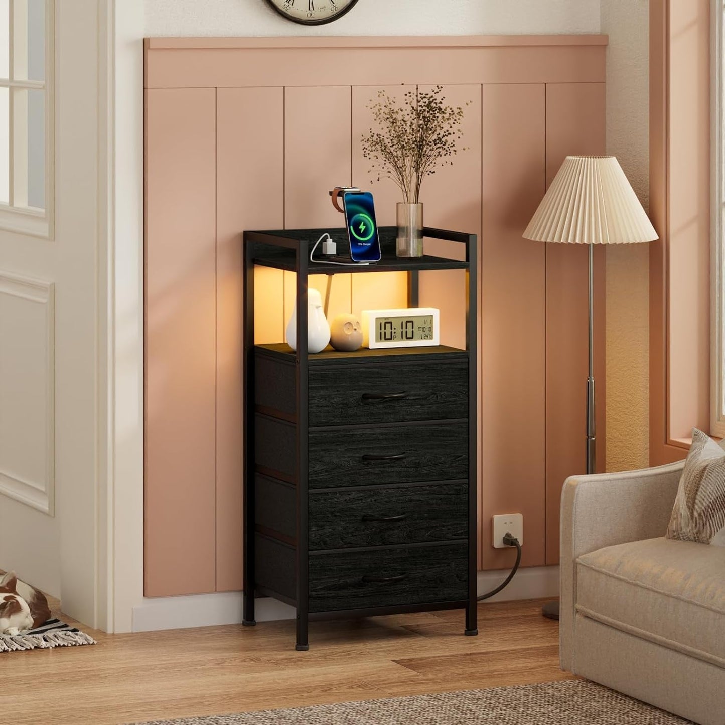 Black Nightstand With LED Lights And Built In Charging