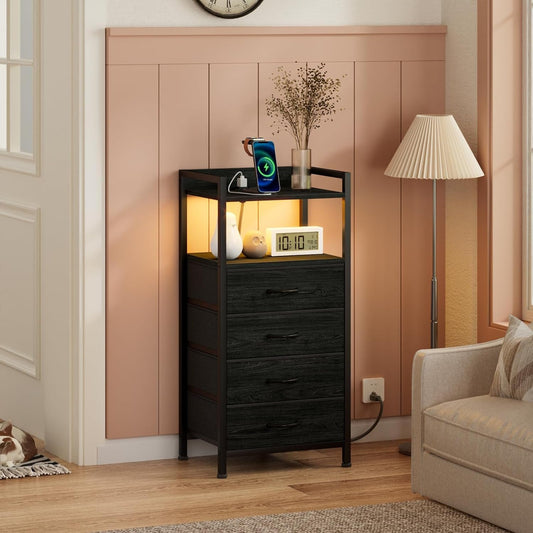 Black Nightstand With LED Lights And Built In Charging