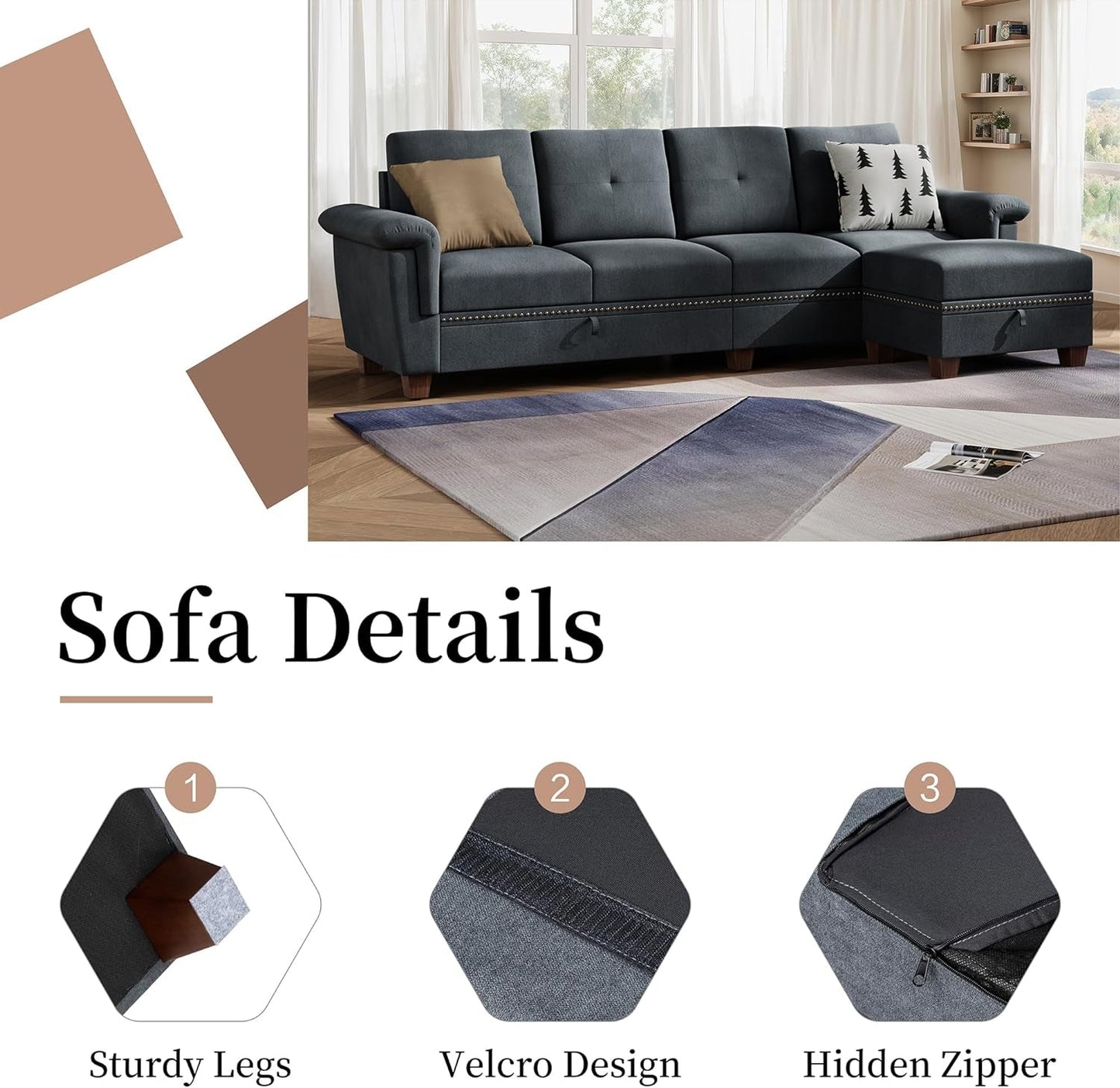 Dark Gray L-Shaped Sectional Sofa with Hidden Storage & Chaise