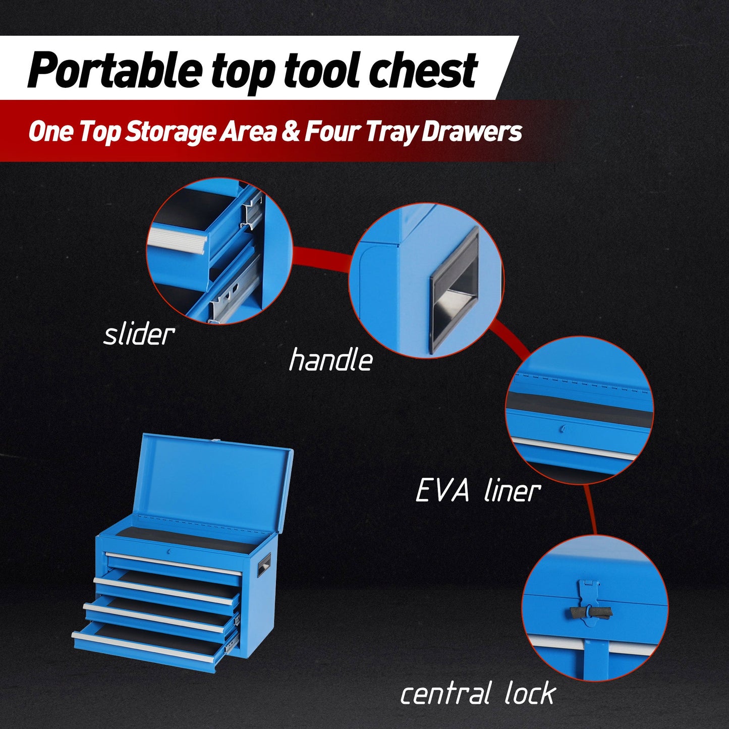 Tool Chest, 5-Drawer Rolling Tool Storage Cabinet with Detachable Top Tool Box, Liner, Universal Lockable Wheels, Adjustable Shelf, Locking Mechanism, Metal Tool Cart for Garage Workshop