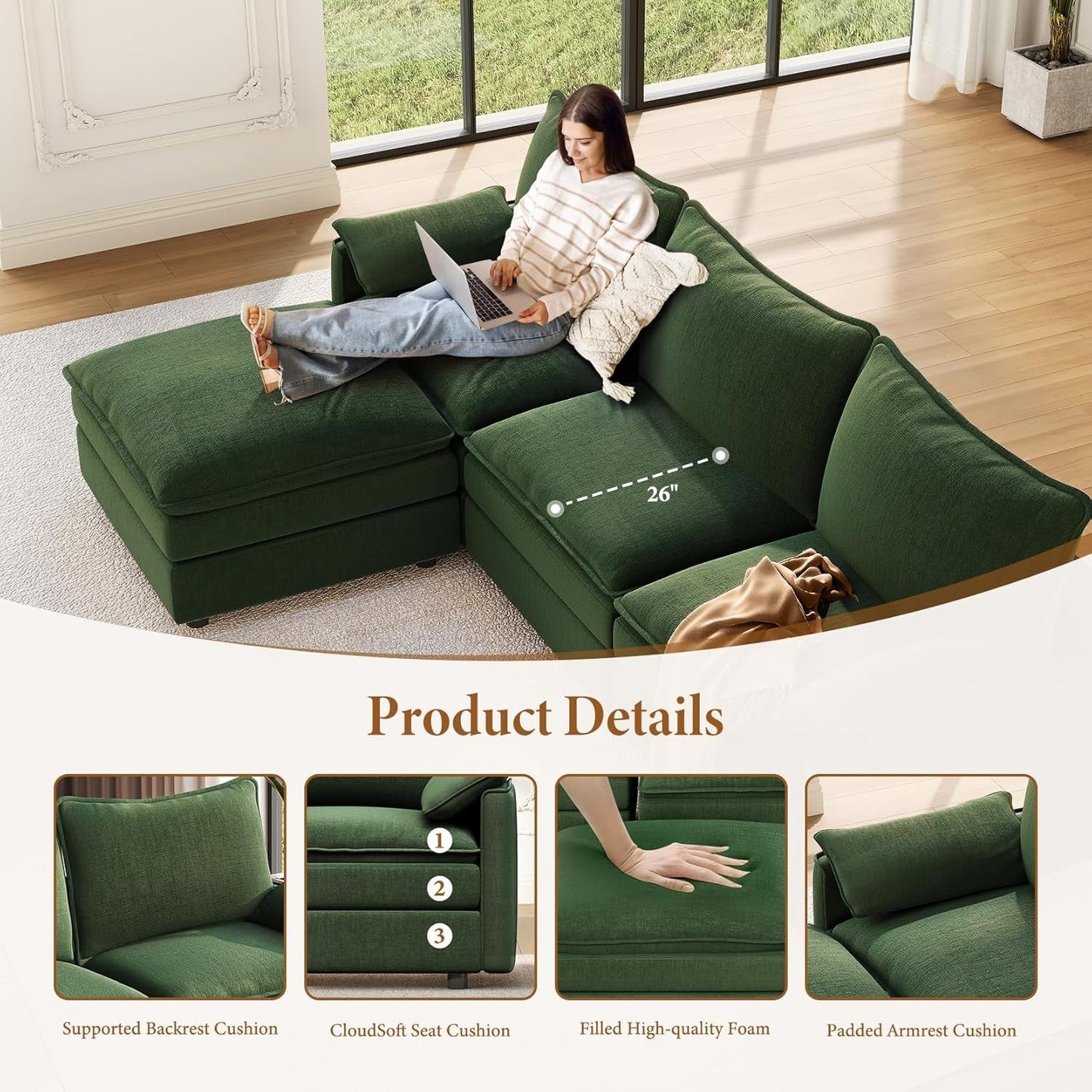 Green 108 Inch DeluxePlus Cloud Sleeper Sectional Sofa