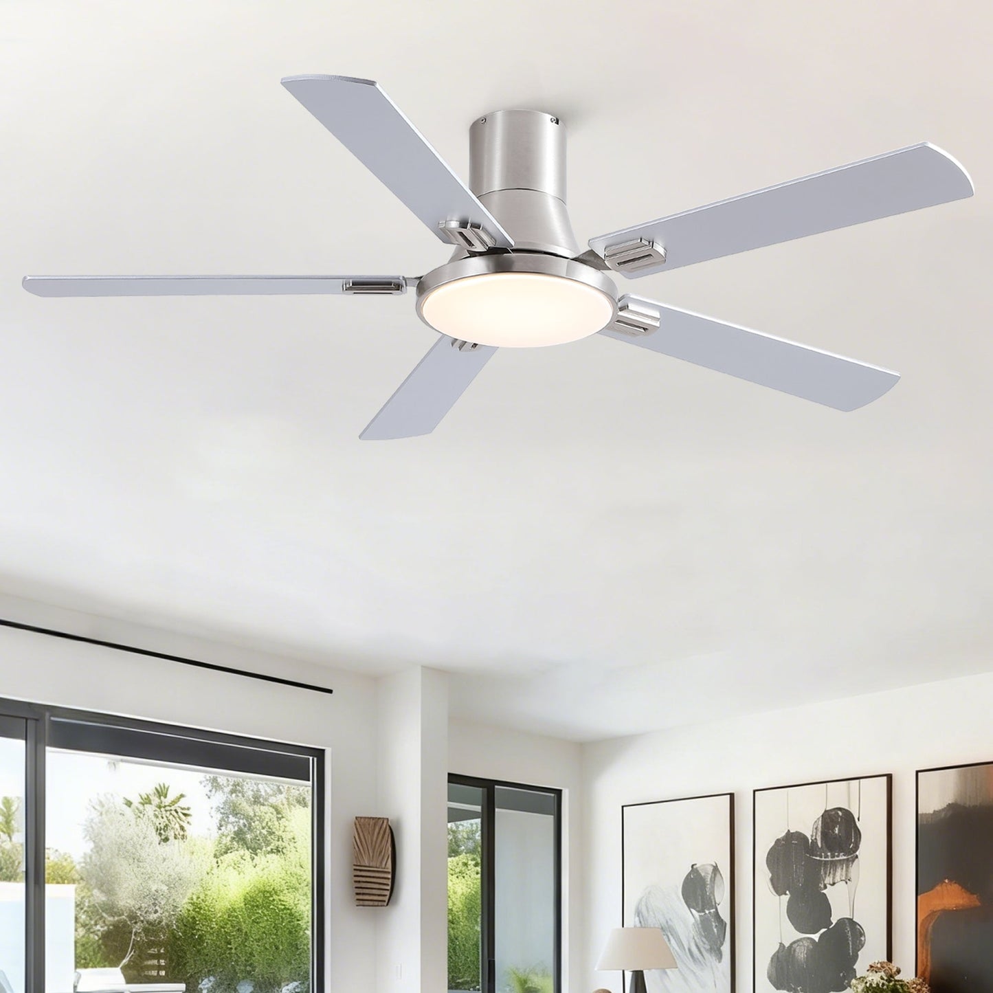 52 Inch Modern Brushed Nickel Flush Mount Ceiling Fan with Light and Remote Control