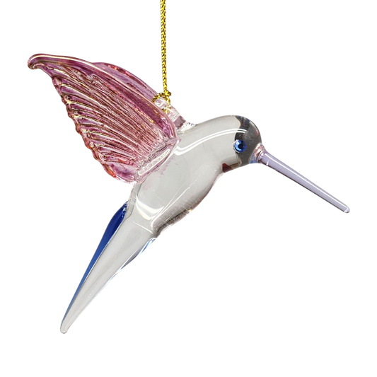 Feeding Hummingbird glass Ornament - Pink Wings / Blue Tail / Blue Beak