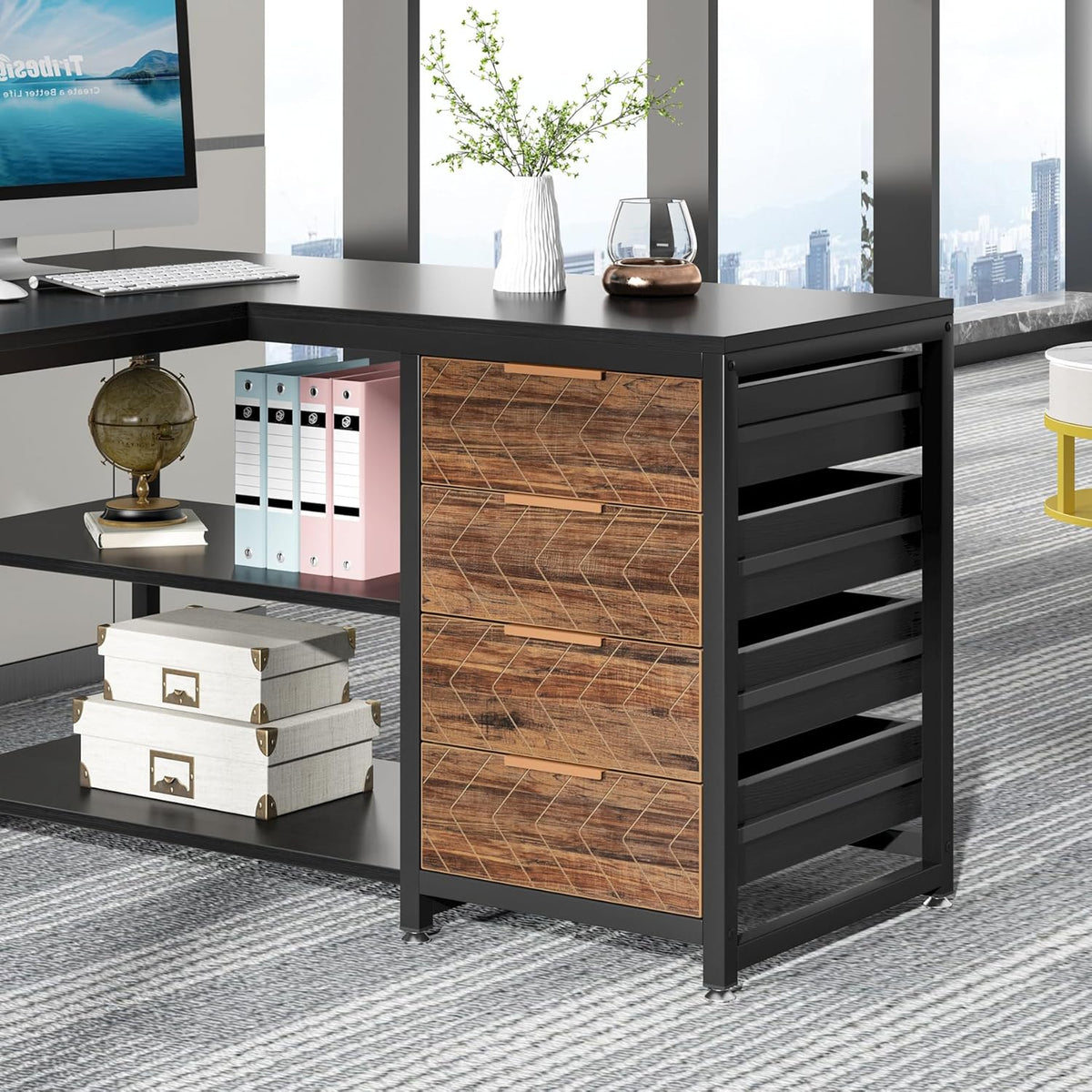 59 Inches L-Shaped Computer Desk with Drawers and Storage Shelves