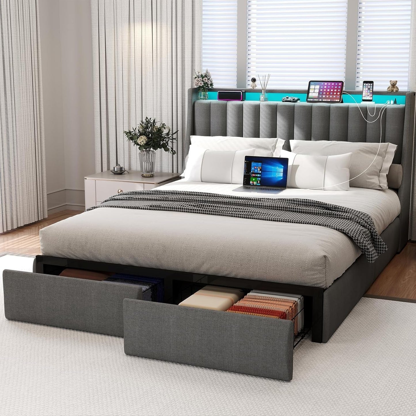 Queen Bed Frame With LED Lights And Storage Drawers