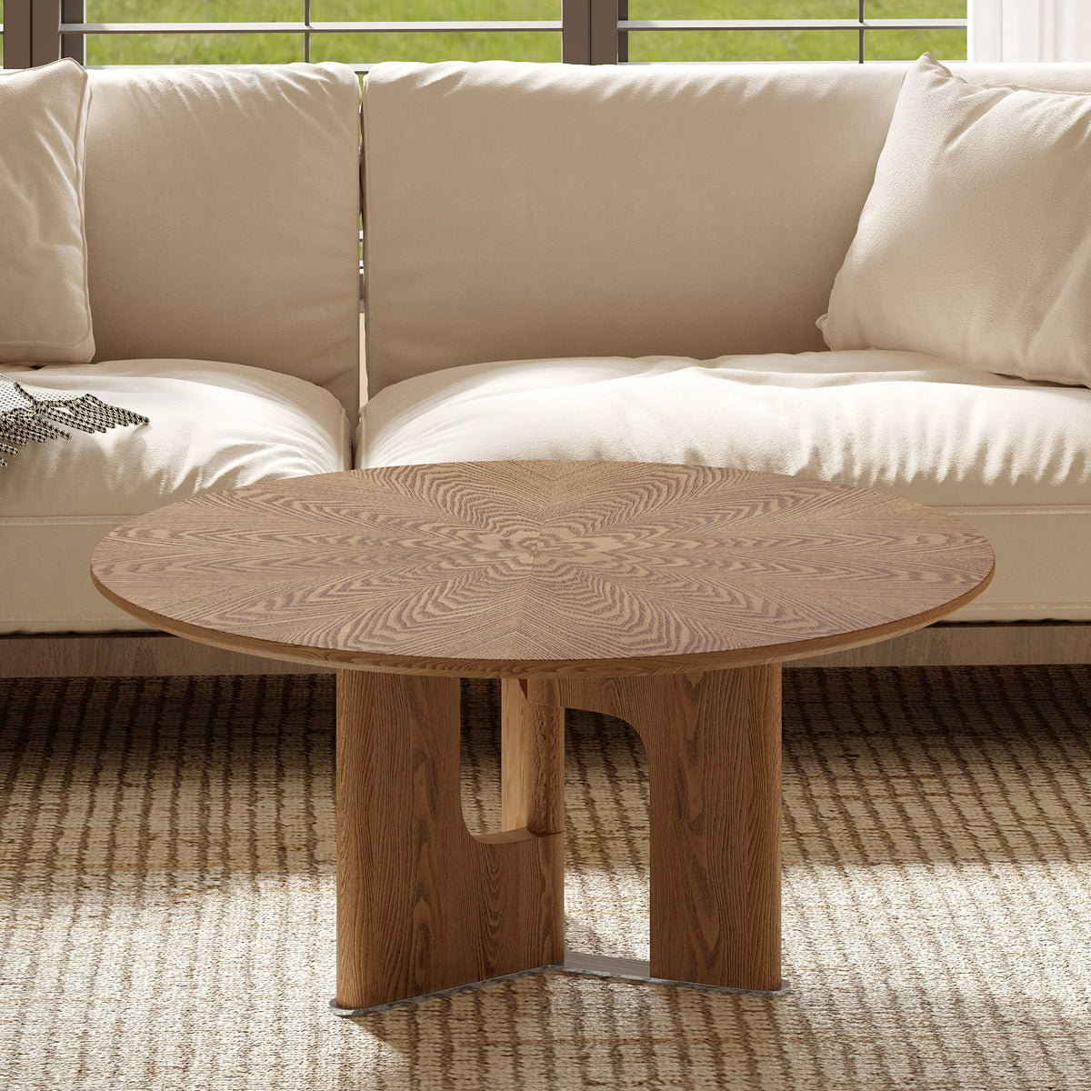 31.5 Inches Round Rustic Ash Wood Veneer Coffee Table