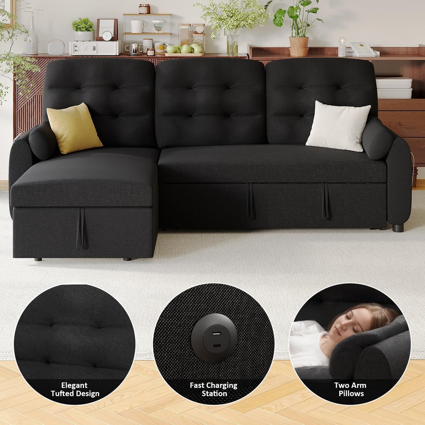 86Inch Convertible Sleeper Sectional With USB Ports