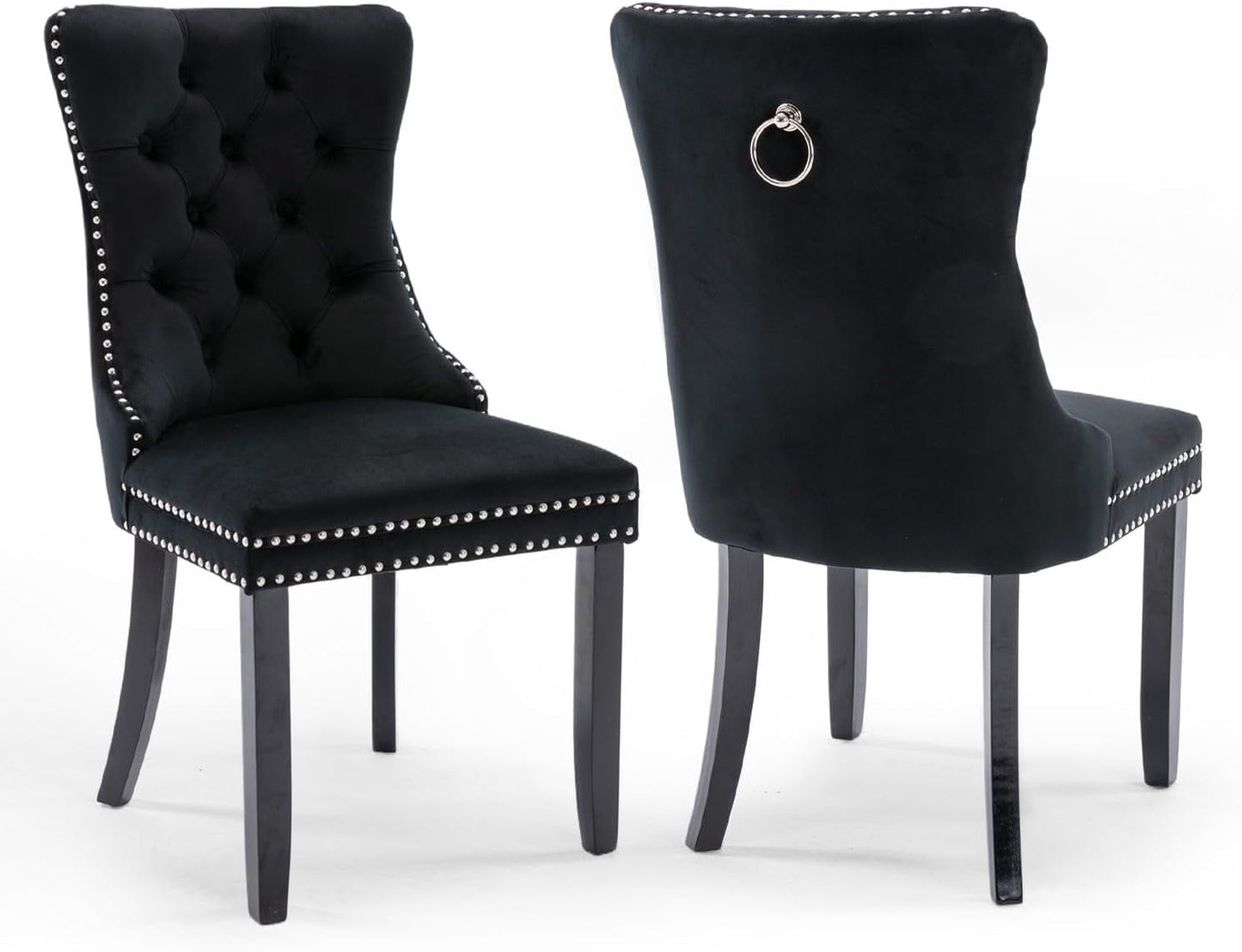 Black Velvet Tufted Dining Chairs With Nailhead Trim Set of 2