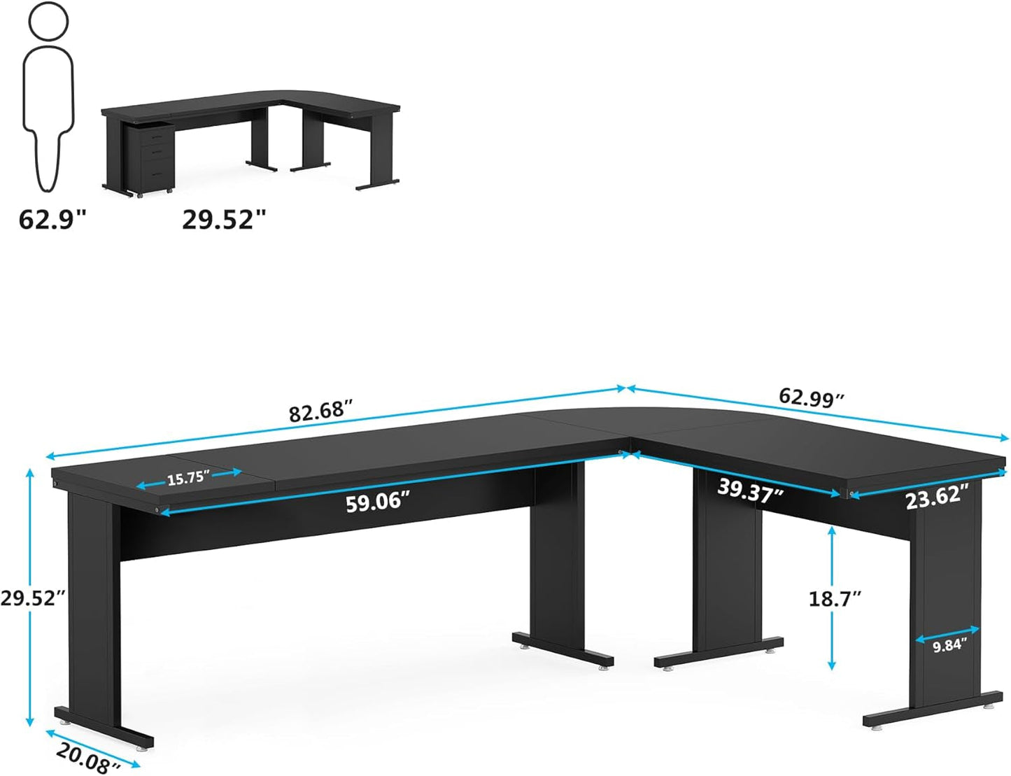 83 Inch L Shaped Executive Desk With 3 Drawer Cabinet