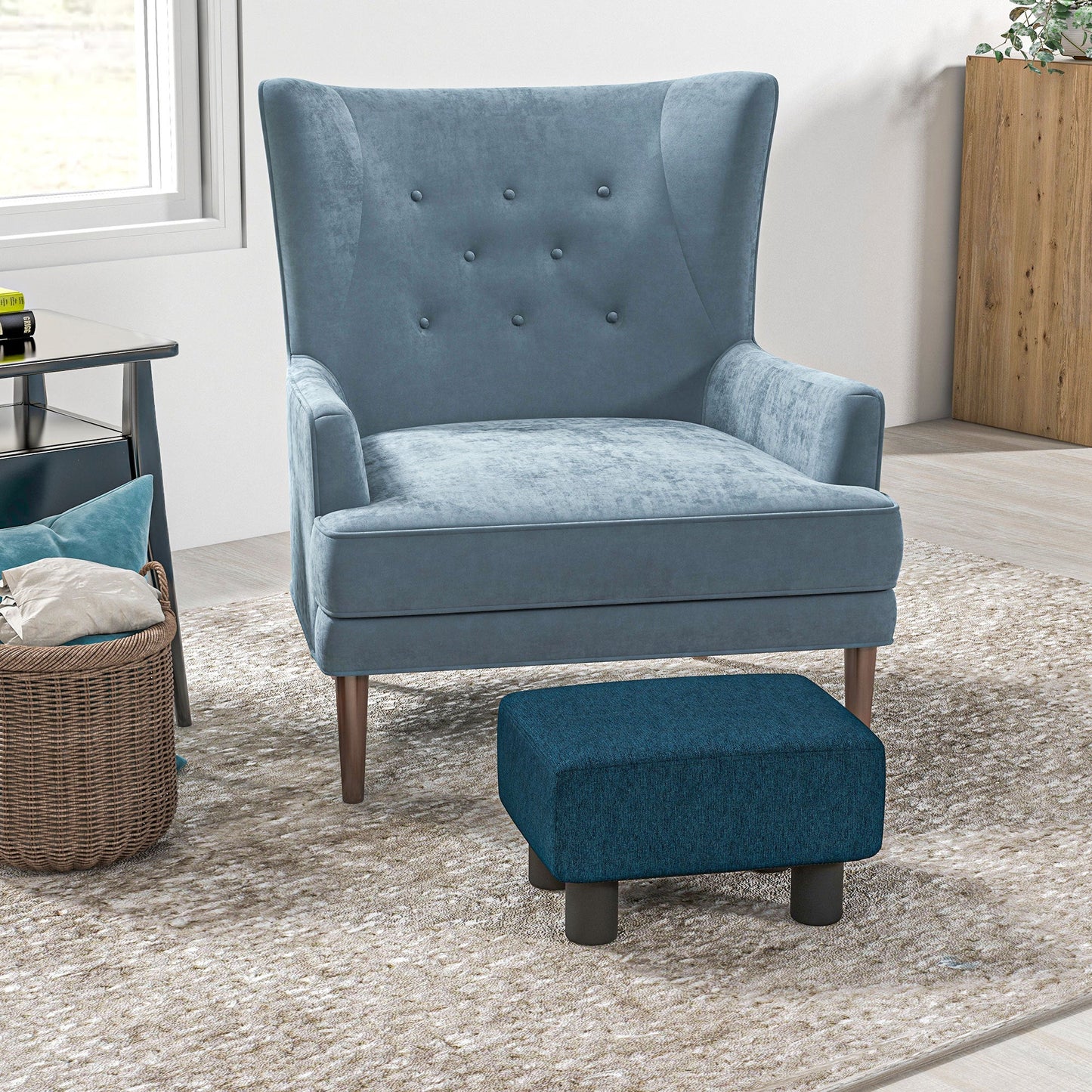 HomCom 16" Cube Modern Linen Pouf Ottoman with Black Legs, Dark Blue