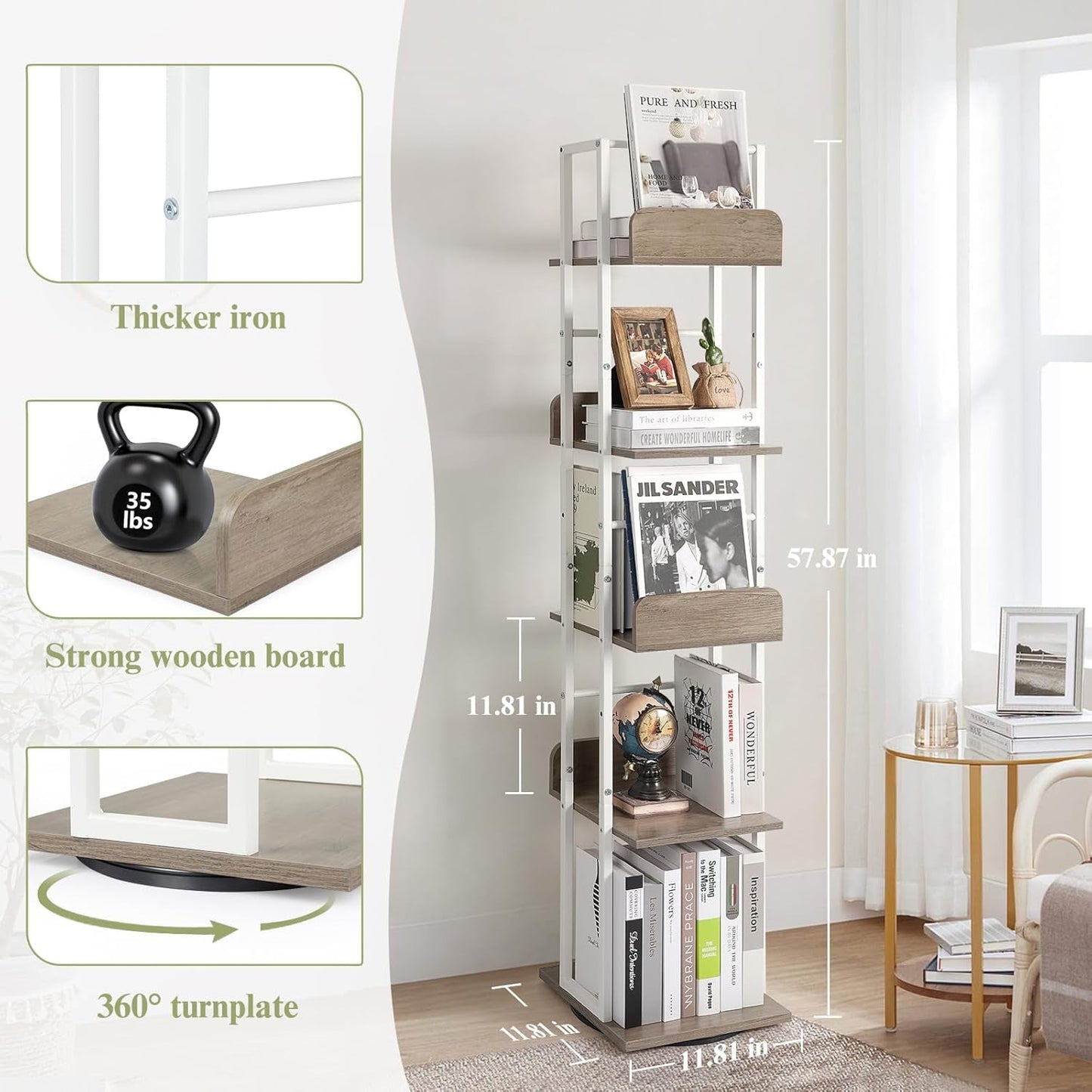 5-Tier Rotating Corner Bookshelf White Wood And Metal Slim