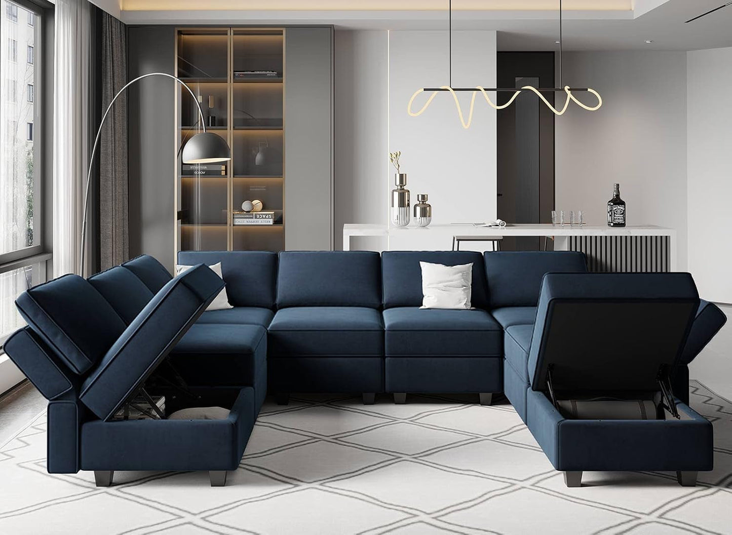 Modular Velvet Sectional Sofa Blue With Storage Ottoman