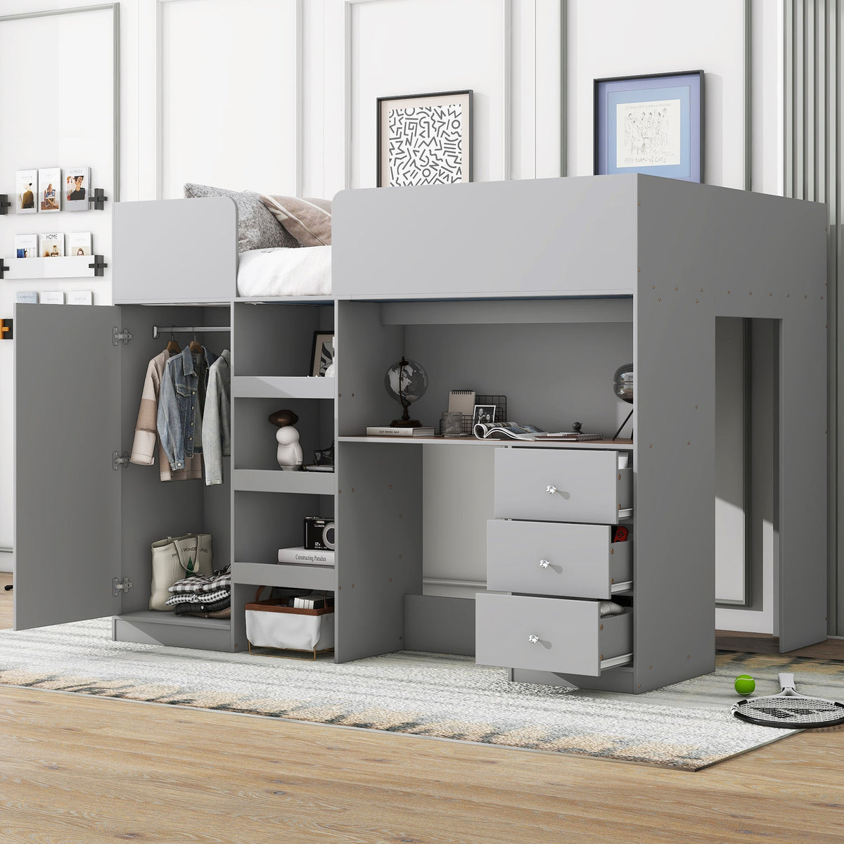 Wood Full Size Loft Bed with Built-in Wardrobe, Desk, Storage Shelves and Drawers