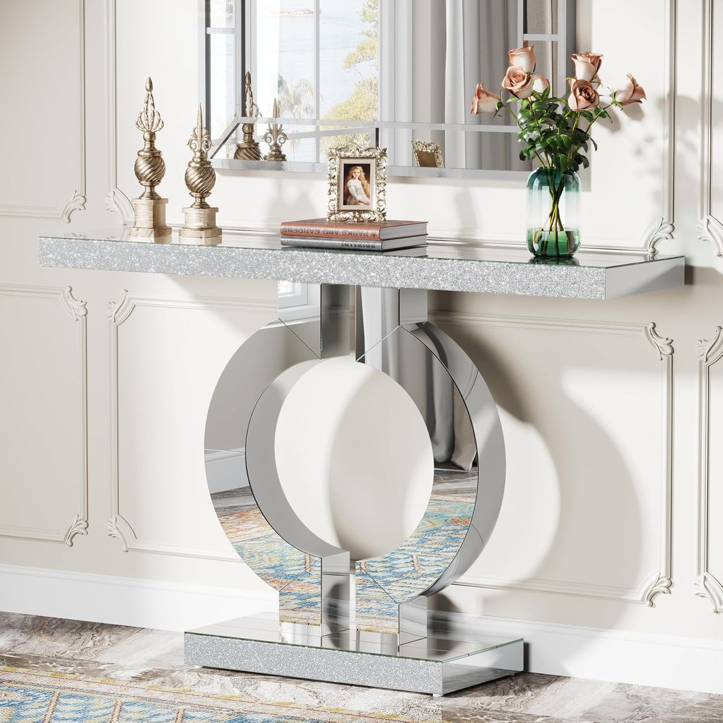 43" Modern Mirrored Console Table with O-Shaped Base