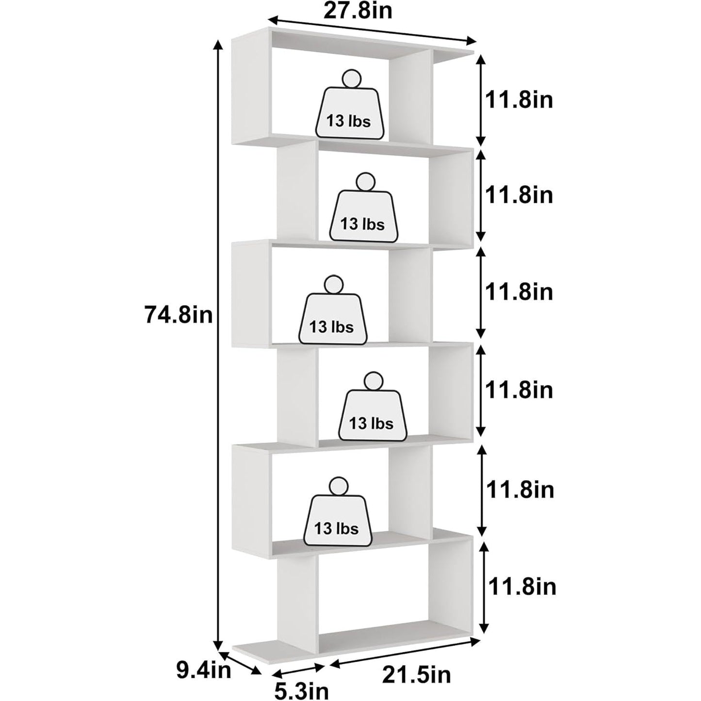 S Shaped Bookshelf White 6 Tier Display Bookcase Office