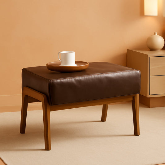 Rectangular Leather Ottoman Bench Twenty Four Point Five Inches Walnut