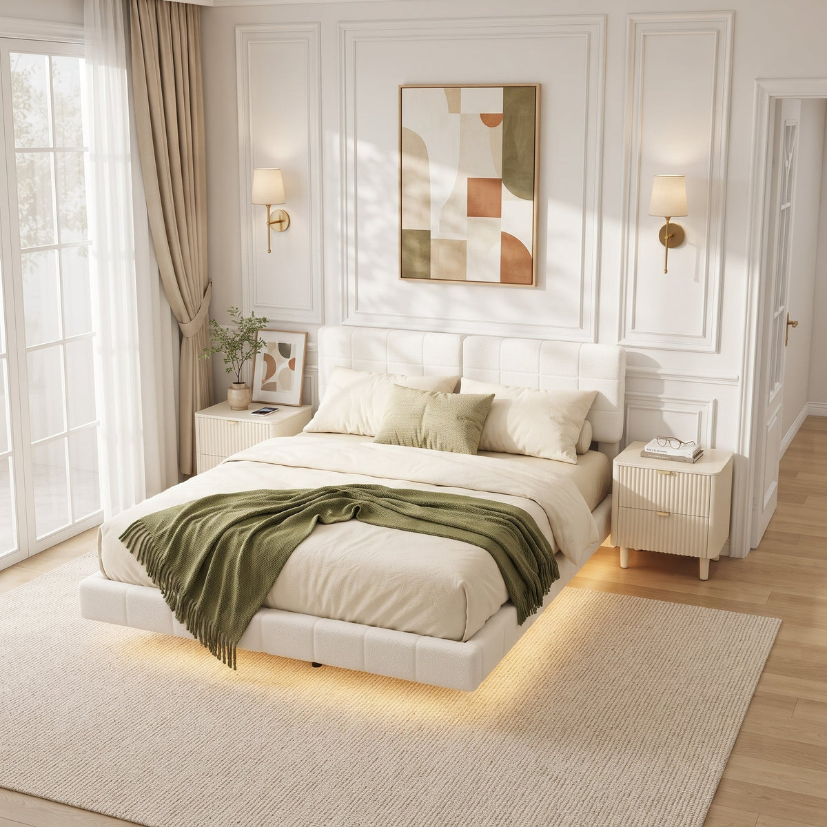 White Boucle Floating Bed with Light, King