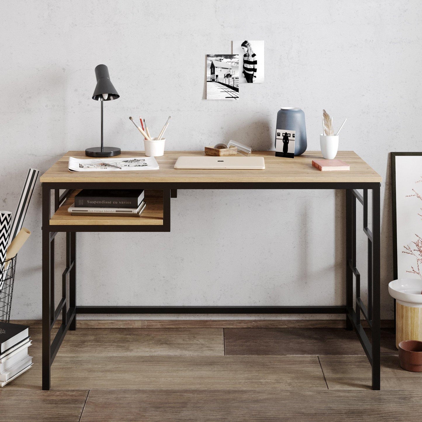 Victory 47'' Wide Metal Engineered Wood Computer Desk with Shelf