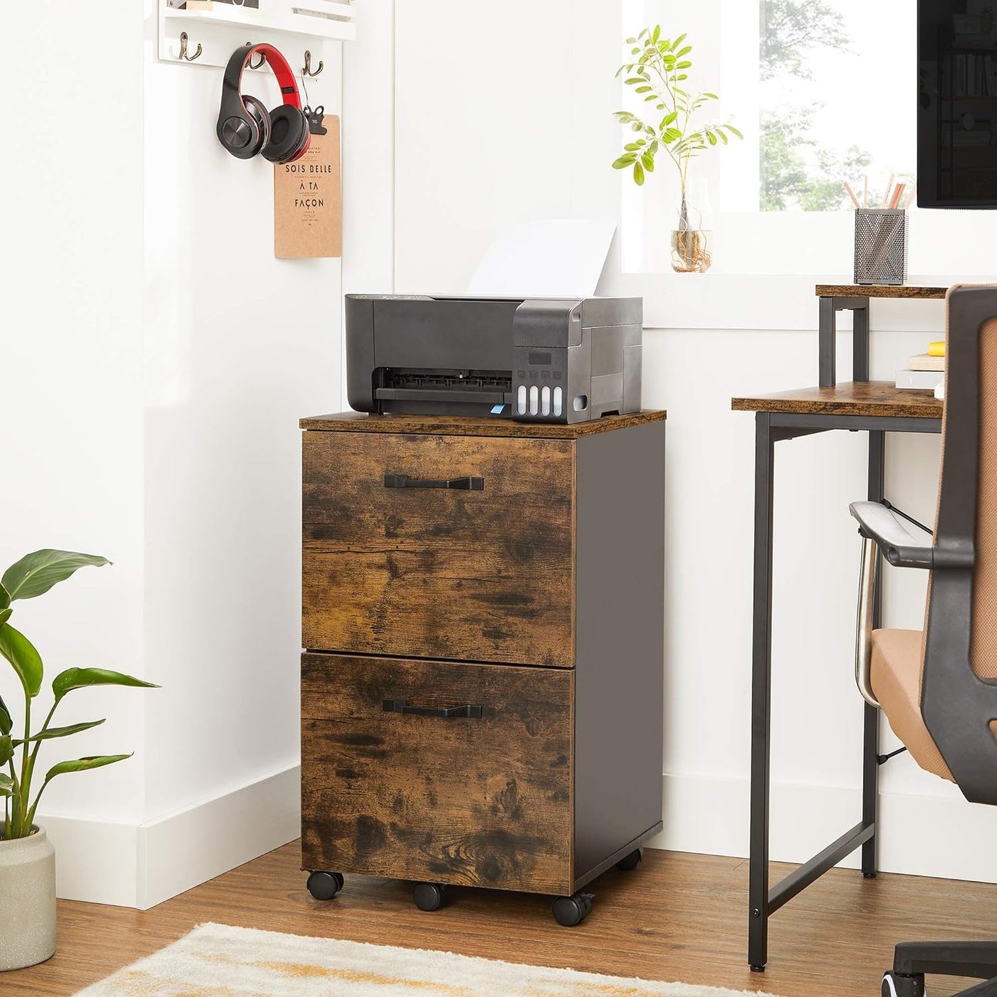Two Drawer File Cabinet For Home Office Rolling Rustic Brown And Black Fits A4 And Letter Files