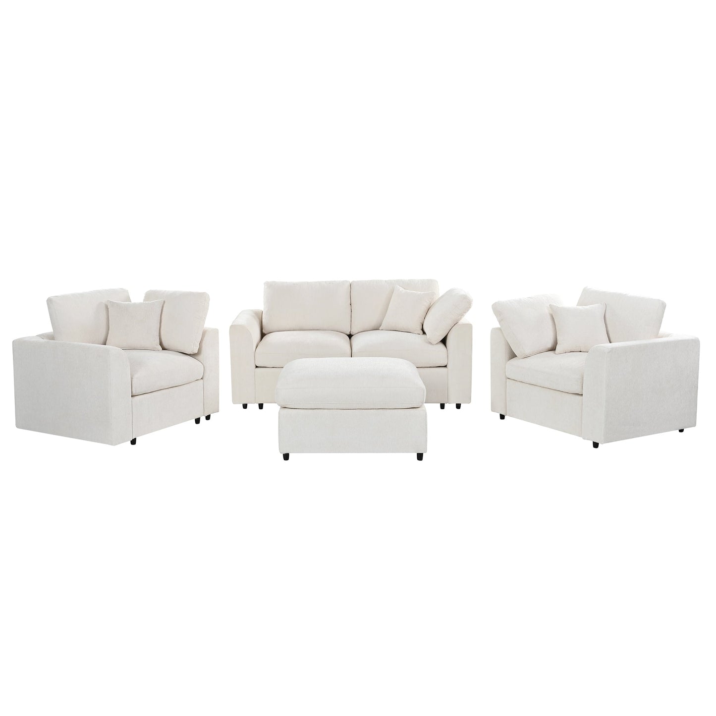 U-Style 4-Piece Sofa Set, 2 Accent Chairs + Loveseat + Movable Ottoman