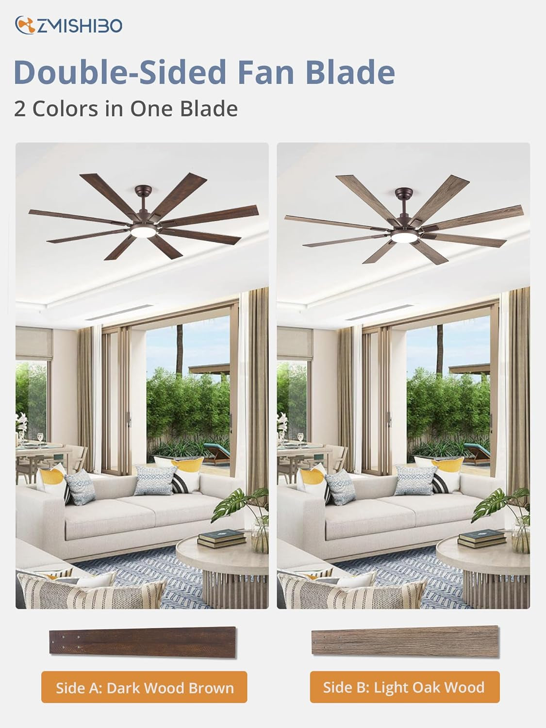 72 Inch Oil Rubbed Bronze Ceiling Fan With Lights Remote showcasing double-sided fan blades in dark wood brown and light oak wood.