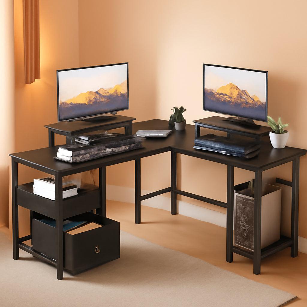 Fifty Nine Inch L Shaped Desk With Black Storage Drawers Unit