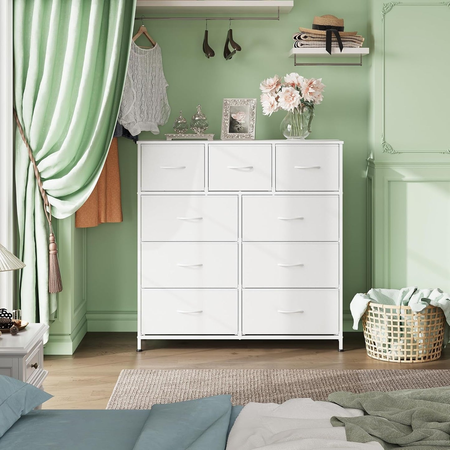 9 Drawer Fabric Dresser White With Steel Frame And Wood Top