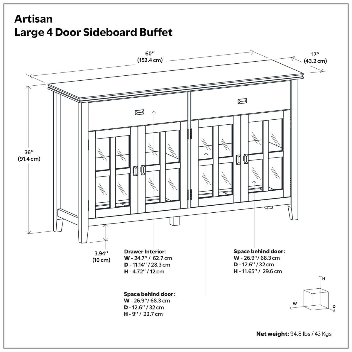 Artisan Solid Wood Large 4 Door Sideboard Buffet in Dark Chestnut
