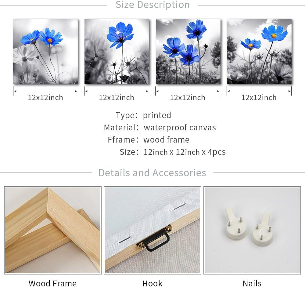 Modern Black and White Plant Art: 4-Panel Floral Canvas for Chic Living Room Decor
