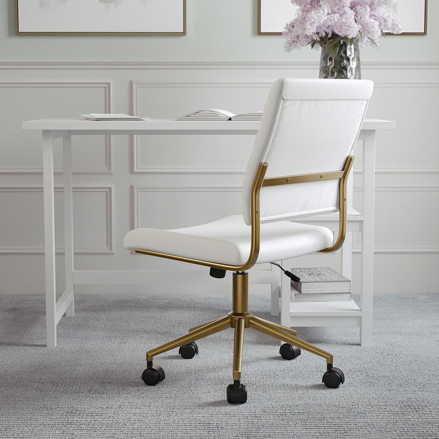 White Faux Leather Armless Swivel Chair Brass Frame