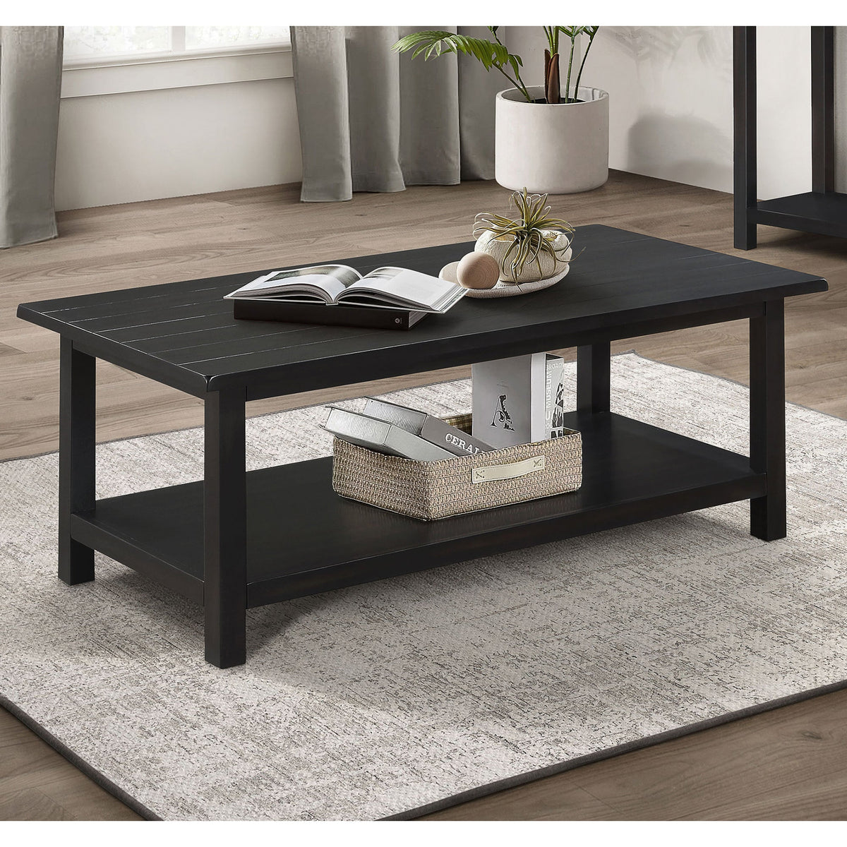 Castleton Distressed Java Wood Coffee Table with Shelf