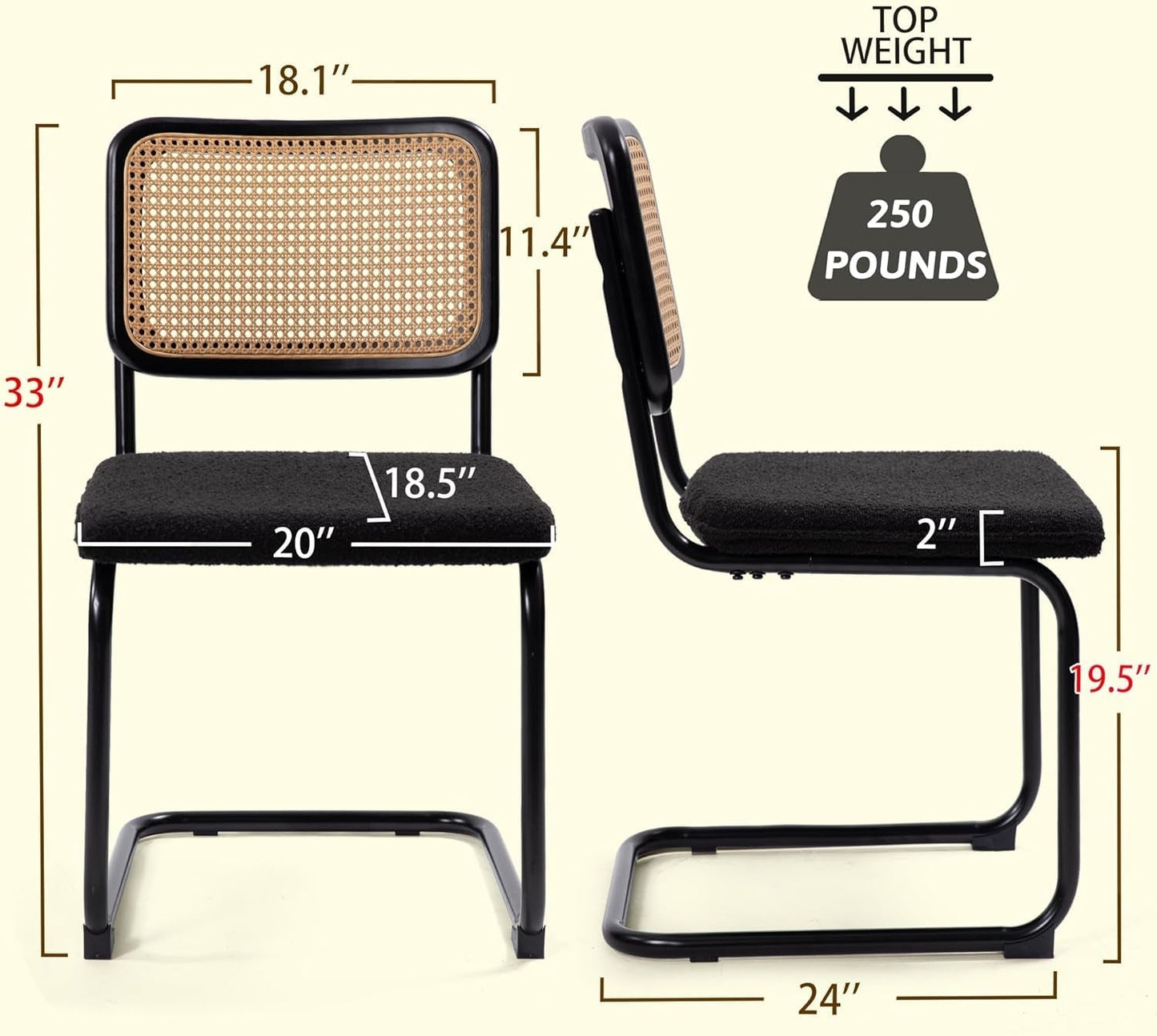 Cesca Cane Dining Chairs Set of 2 Black Boucle Seat dimensions and details with weight capacity of 250 pounds