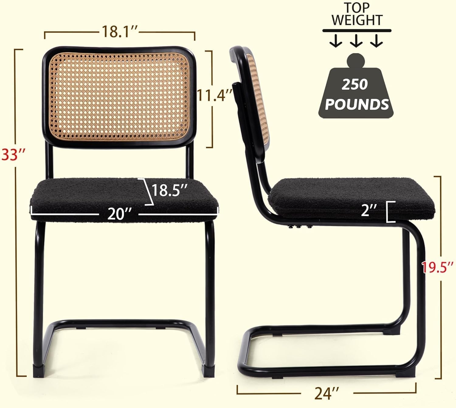 Cesca Cane Dining Chairs Set of 2 Black Boucle Seat dimensions and details with weight capacity of 250 pounds