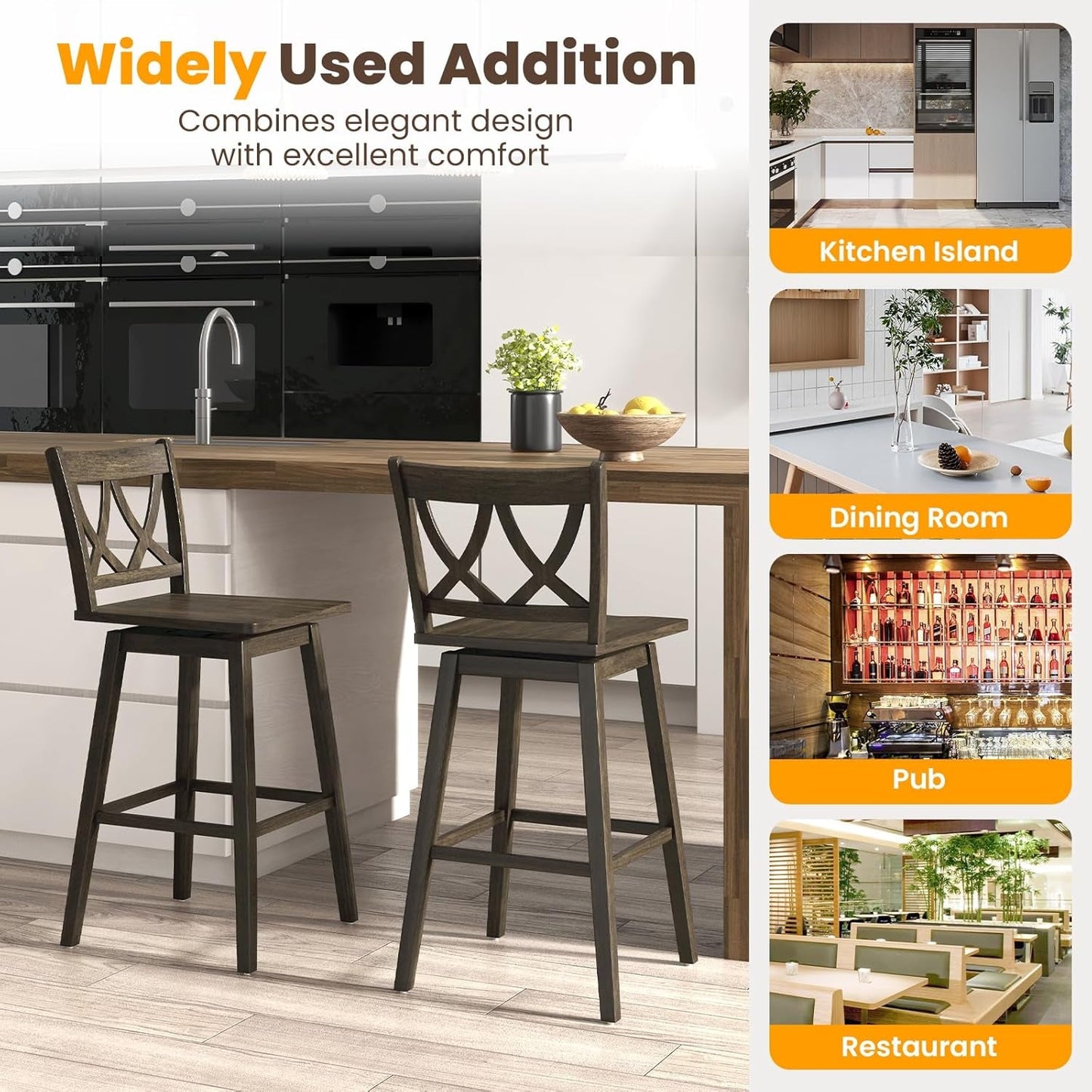 Swivel Wooden Bar Stools Set of Four Dark Grey