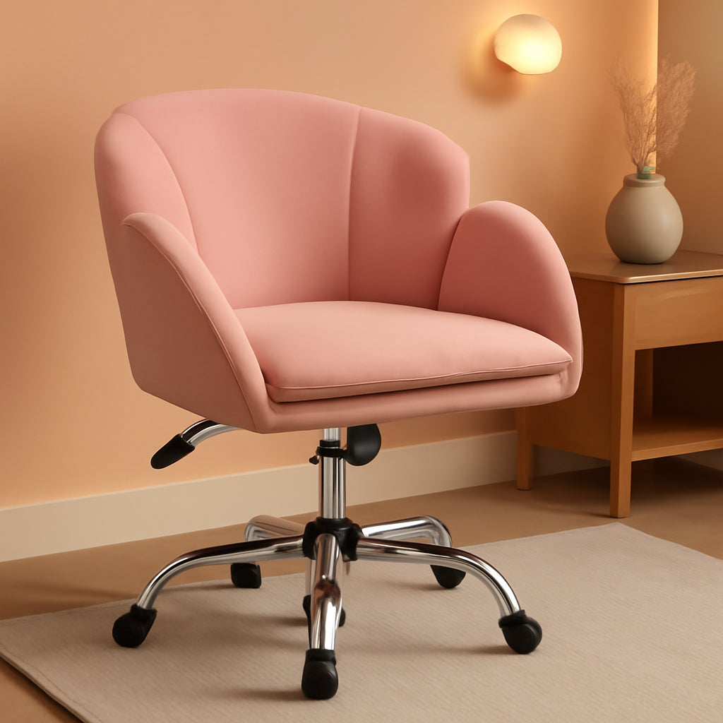Pink Velvet Desk Chair With Wheels And Armrests Swivel Office Chair