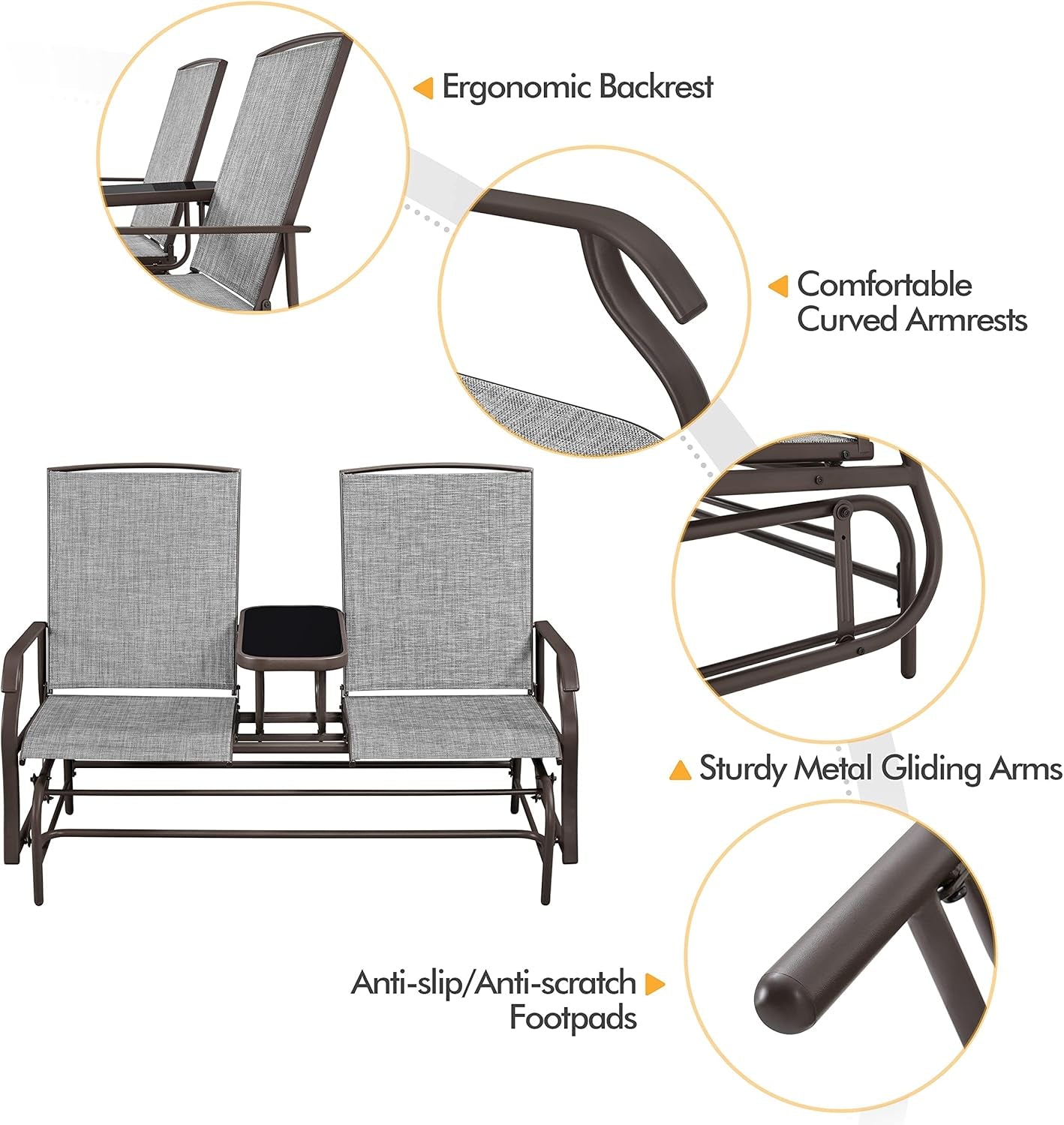 Two-Seat Outdoor Glider Bench with Center Table