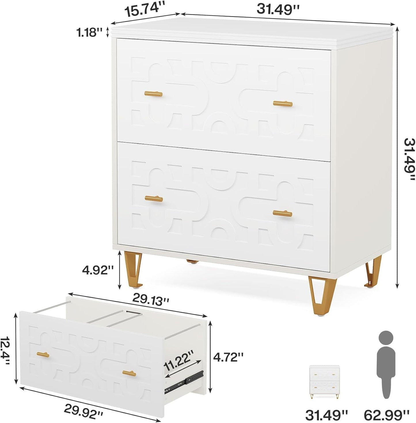 Two Drawer Lateral File Cabinet White And Gold For Legal Letter A4 Files Printer Stand Home Office