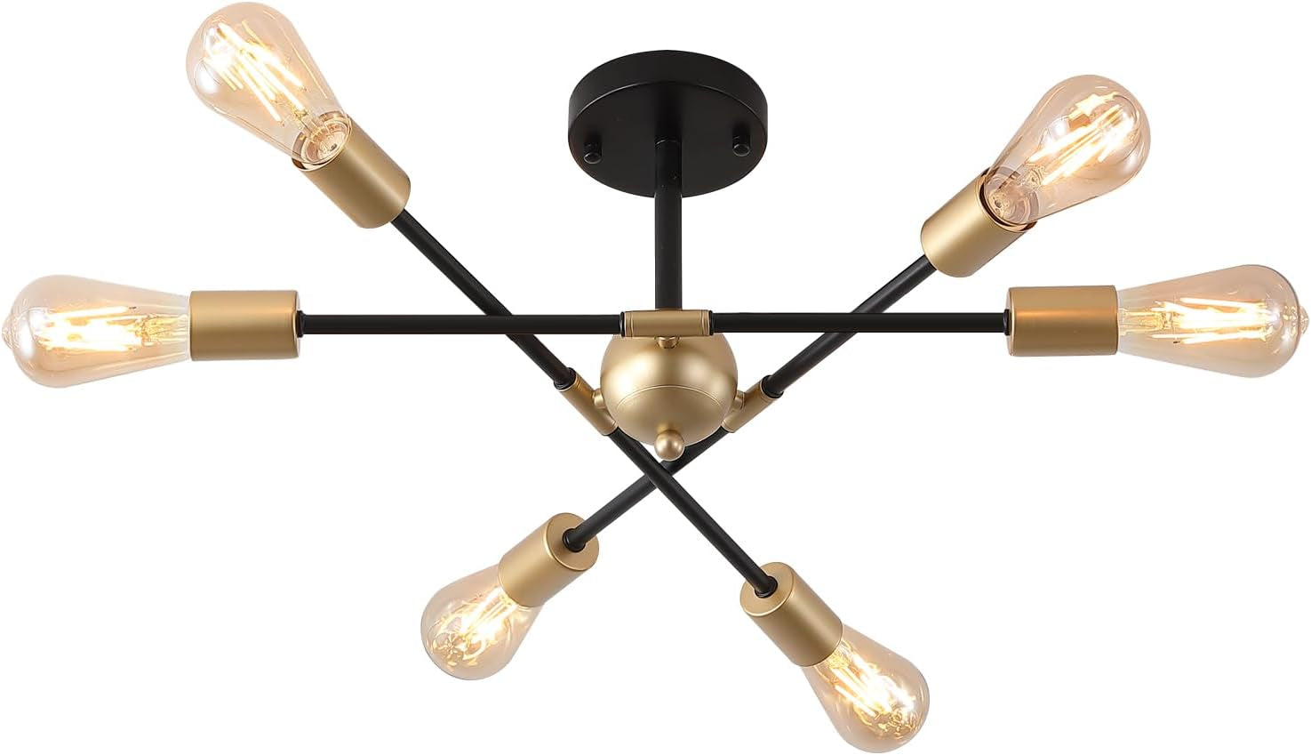 Black And Gold 6 Light Sputnik Ceiling Chandelier Semi Flush Mount UL Listed with adjustable arms and vintage bulbs.